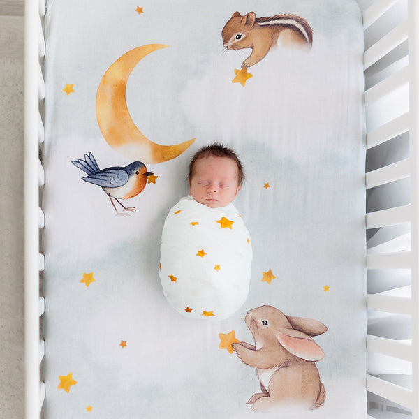 Rookie Humans Crib sheet and Swaddle bundle - Goodnight Wonderland