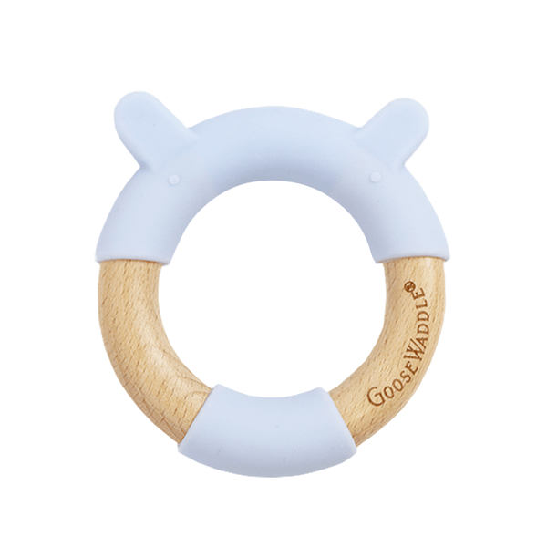 Goosewaddle® Blue Bear Circle Bear Head Teether Silicone + Wood Teether