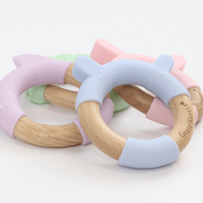Goosewaddle® Pink Bunny Circle Bunny Head Teether Wooden + Silicone