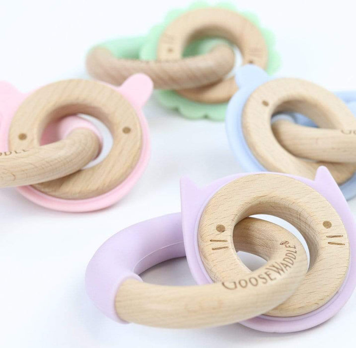 Goosewaddle® Lavender Kitten Silicone + Wood Double Teether