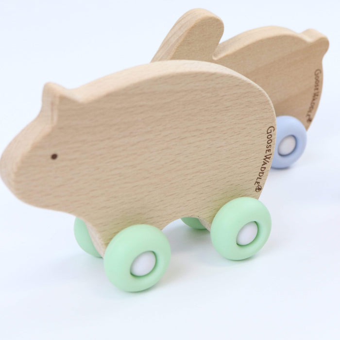 Goosewaddle® Mint Bear Silicone + Wood Teether with Wheels