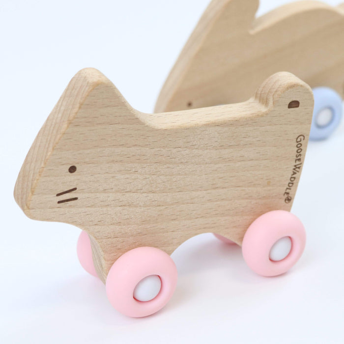 Goosewaddle® Pink Kitten Silicone + Wood Teether with Wheels