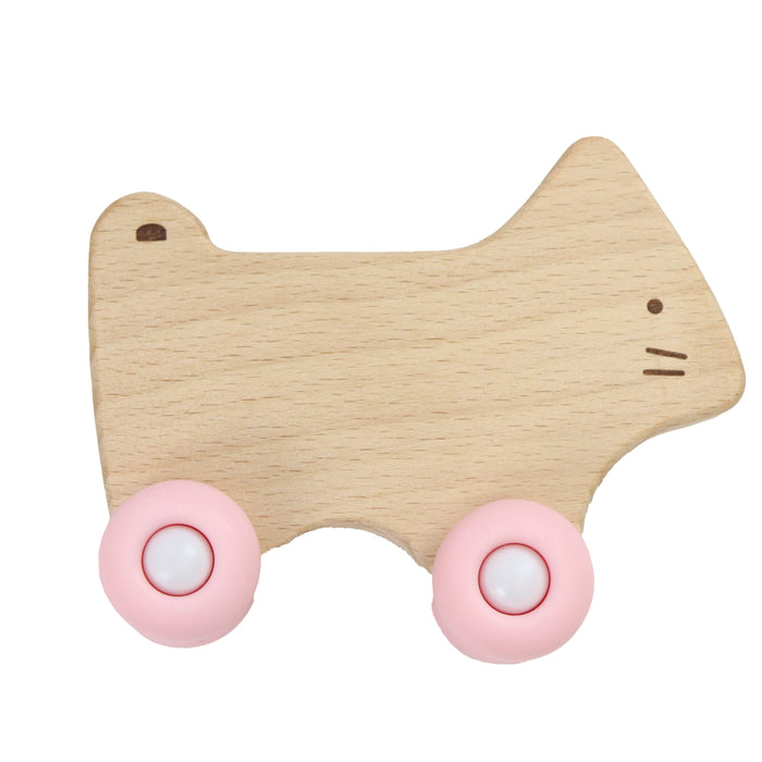 Goosewaddle® Pink Kitten Silicone + Wood Teether with Wheels