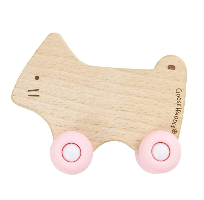 Goosewaddle® Pink Kitten Silicone + Wood Teether with Wheels