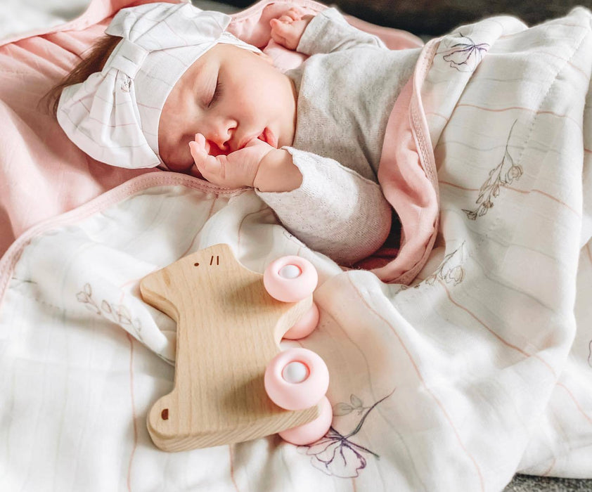 Goosewaddle® Pink Kitten Silicone + Wood Teether with Wheels