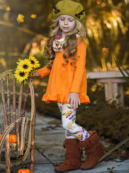 Mia Belle Girls Fancy Fall Florals Tunic, Leggings and Scarf Set