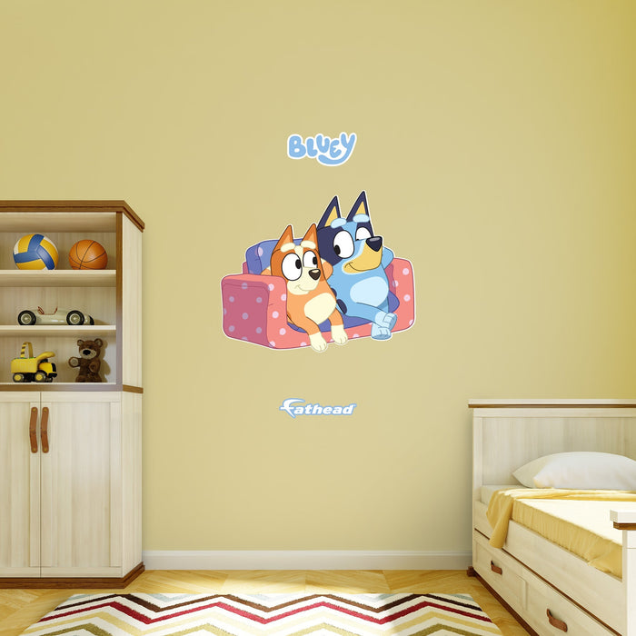 Fathead Bluey: Bluey & Bingo Sisters Lounging Icon - Officially Licensed BBC Removable Adhesive Decal
