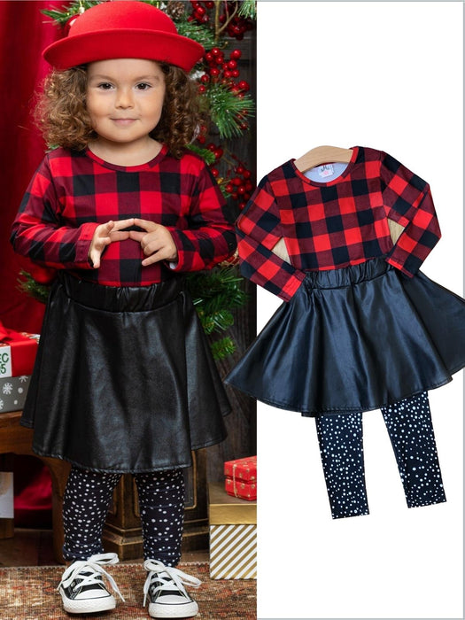 Mia Belle Girls Spotted In Plaid Top, Skirt and Legging Set