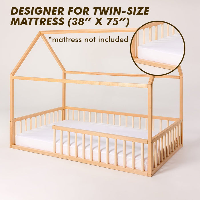 Goodevas Twin Size Montessori House Bed for Kids with Fence (35*78 inch)