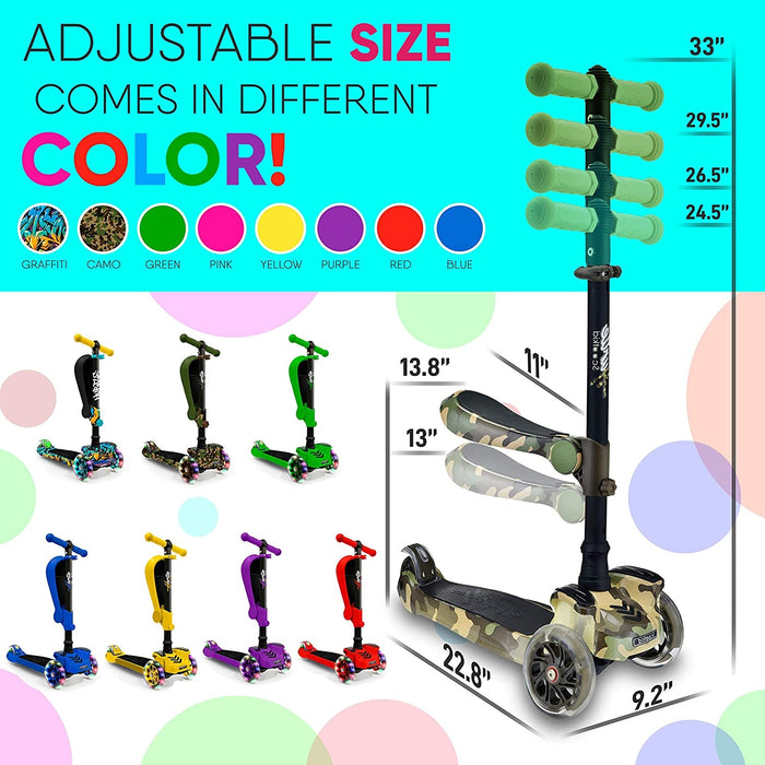 Hurtle ScootKid 3 Wheel Child Toddler Toy Scooter with LED Wheel Lights, Camo