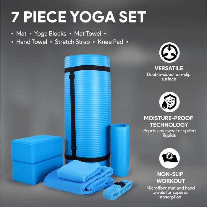 BalanceFrom Fitness 7 Piece Yoga Set with Mat, Stretch Strap, & Knee Pad, Blue