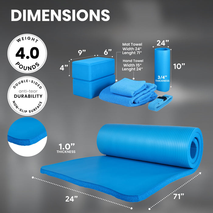 BalanceFrom Fitness 7 Piece Yoga Set with Mat, Stretch Strap, & Knee Pad, Blue