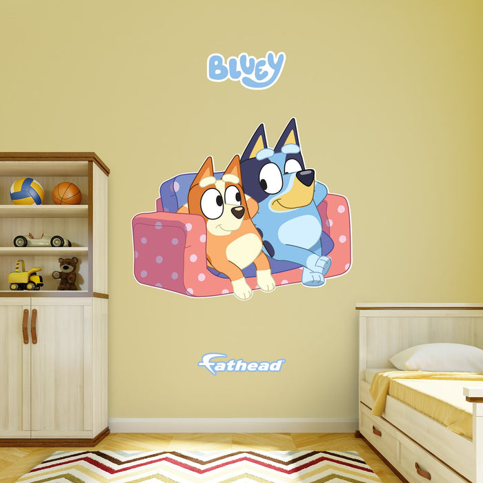 Fathead Bluey: Bluey & Bingo Sisters Lounging Icon - Officially Licensed BBC Removable Adhesive Decal