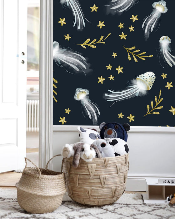 Ondecor Removable Wallpaper Peel and Stick Wallpaper Wall Paper Wall Mural / Jellyfish Navy Nursery Room Wallpaper - X120