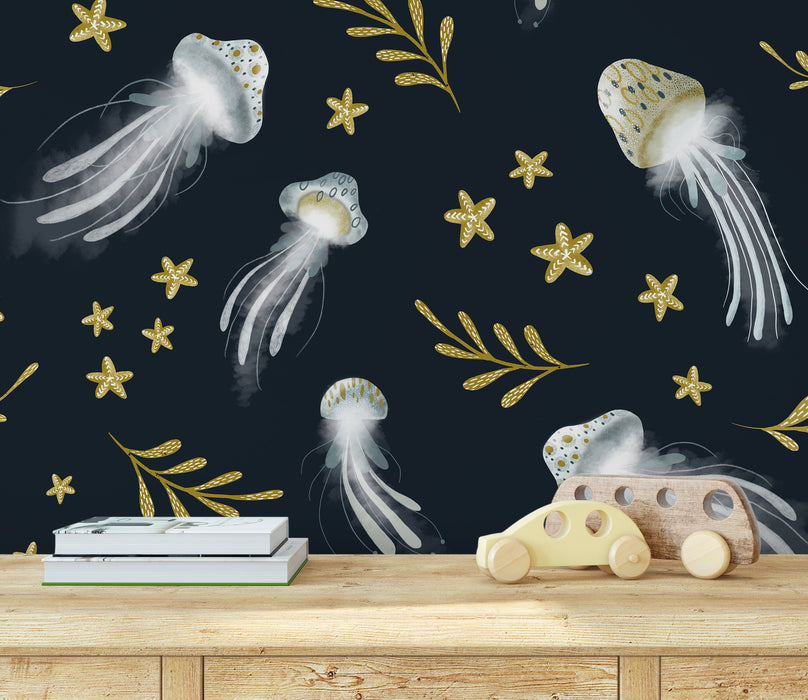 Ondecor Removable Wallpaper Peel and Stick Wallpaper Wall Paper Wall Mural / Jellyfish Navy Nursery Room Wallpaper - X120