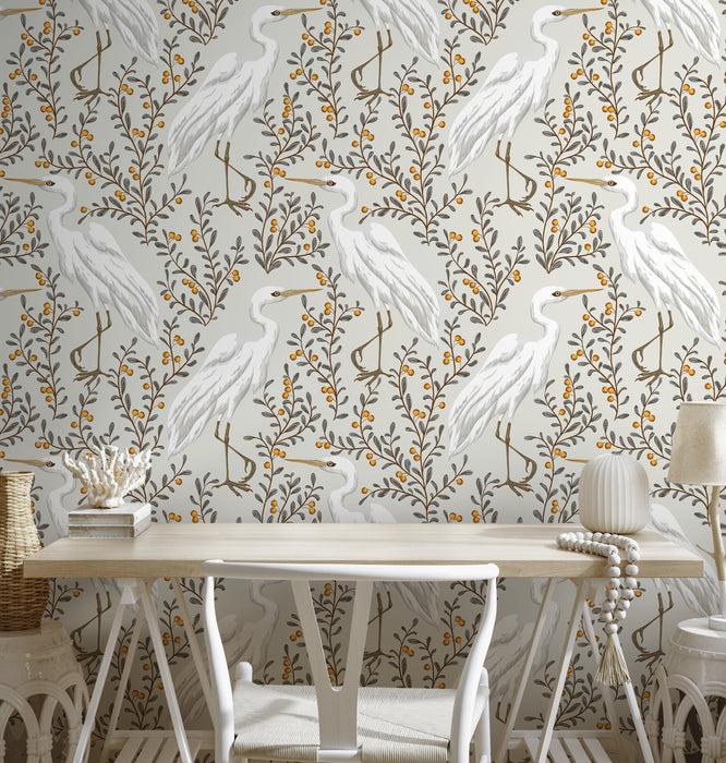 Ondecor Neutral Floral Cranes Birds Wallpaper / Peel and Stick Wallpaper Removable Wallpaper Home Decor Wall Art Wall Decor Room Decor - D073