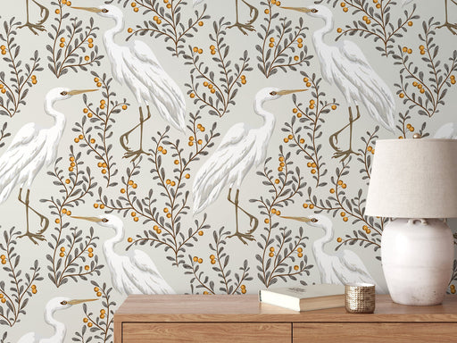 Ondecor Neutral Floral Cranes Birds Wallpaper / Peel and Stick Wallpaper Removable Wallpaper Home Decor Wall Art Wall Decor Room Decor - D073