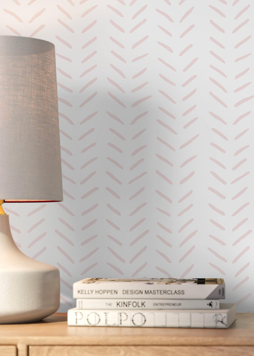 Ondecor Boho Herringbone in Soft Pink Wallpaper Removable and Repositionable Peel and Stick or Traditional Pre-pasted Wallpaper - ZACI