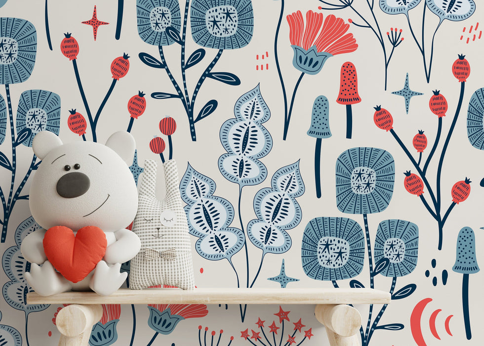 Ondecor Blue and Red Floral Peel and Stick Removable Wallpaper - D396