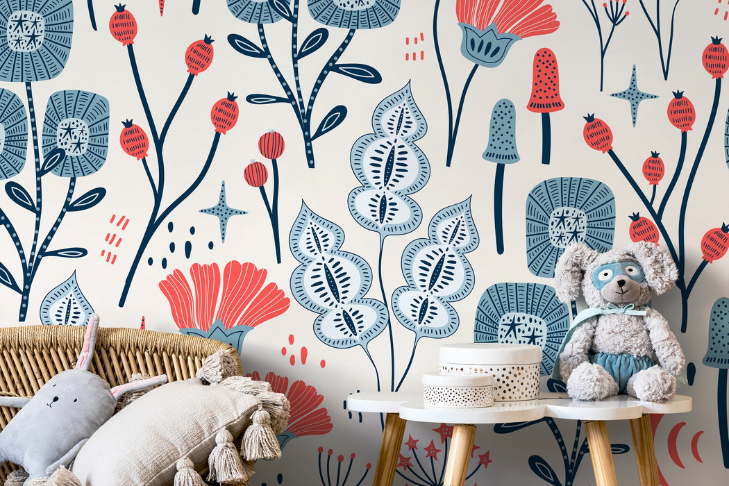 Ondecor Blue and Red Floral Peel and Stick Removable Wallpaper - D396