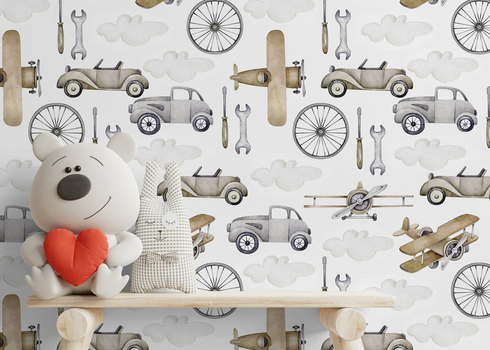 Ondecor Neutral Airplanes and Cars Wallpaper / Peel and Stick Wallpaper Removable Wallpaper Home Decor Wall Art Wall Decor Room Decor - D528