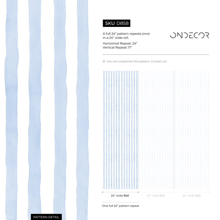 Ondecor Baby Blue Striped Watercolor, Peel and Stick, Traditional Wallpaper - D858