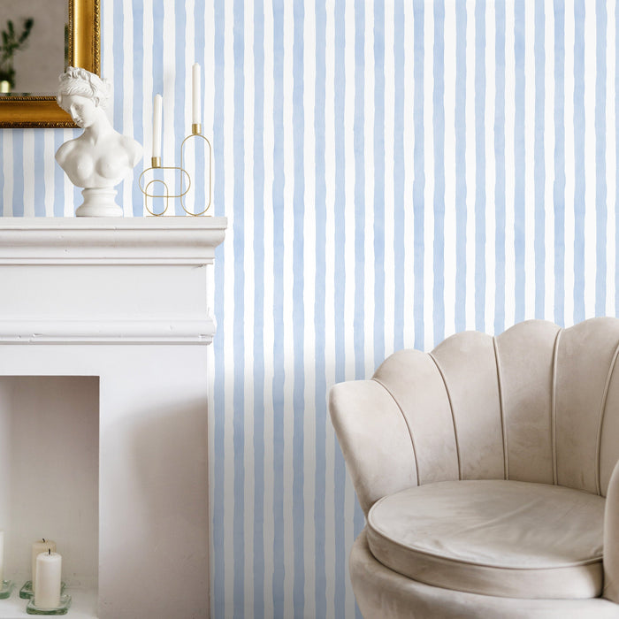 Ondecor Baby Blue Striped Watercolor, Peel and Stick, Traditional Wallpaper - D858