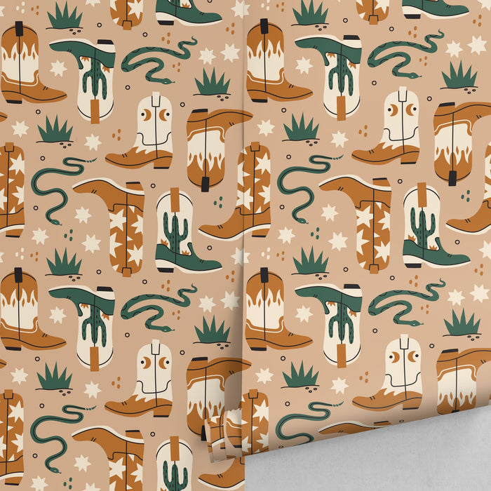 Ondecor Beige Cowboys Boots and Snakes Peel and Stick Removable Wallpaper - C704