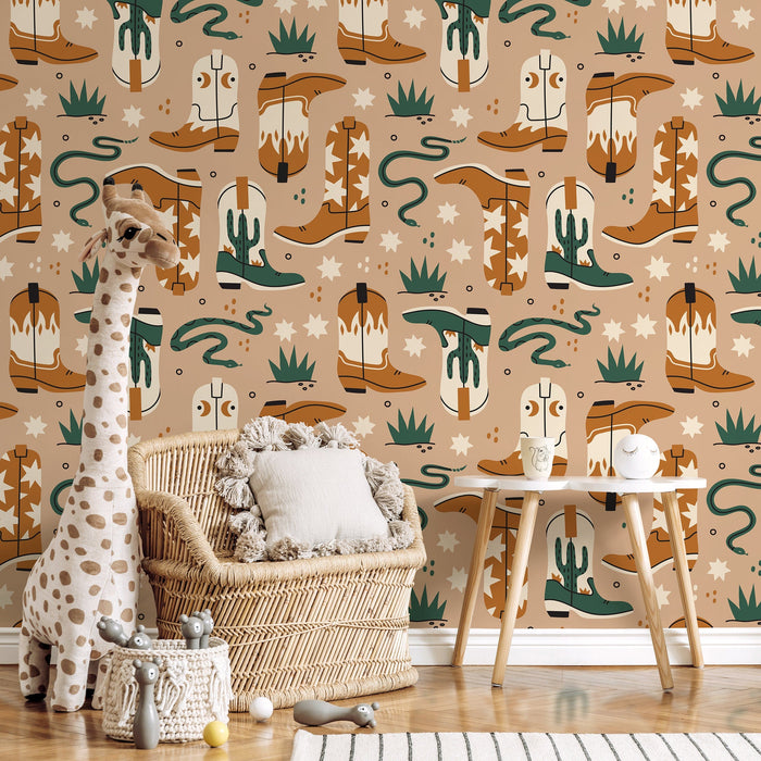 Ondecor Beige Cowboys Boots and Snakes Peel and Stick Removable Wallpaper - C704