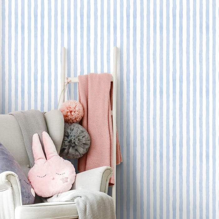 Ondecor Baby Blue Striped Watercolor, Peel and Stick, Traditional Wallpaper - D858