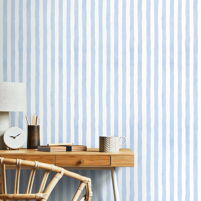 Ondecor Baby Blue Striped Watercolor, Peel and Stick, Traditional Wallpaper - D858