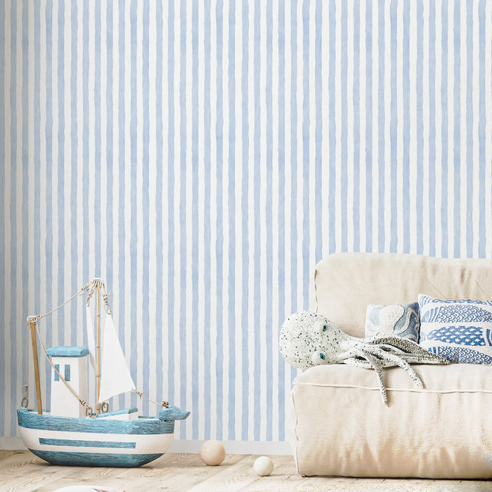 Ondecor Baby Blue Striped Watercolor, Peel and Stick, Traditional Wallpaper - D858