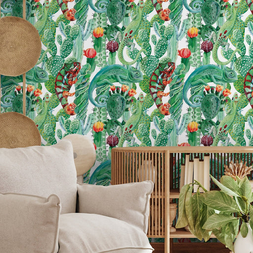 Ondecor Peel and Stick Removable Tropical Chameleons Cactus Wallpaper -A315