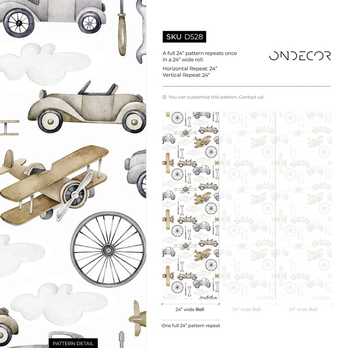 Ondecor Neutral Airplanes and Cars Wallpaper / Peel and Stick Wallpaper Removable Wallpaper Home Decor Wall Art Wall Decor Room Decor - D528