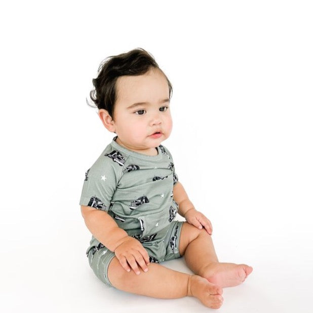 Monkeeroos Big Trucks Pocket Shortie Romper