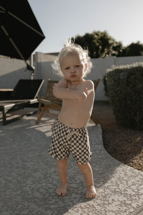 forever french baby Boys  Board Shorts | Wave Chaser Olive Checker