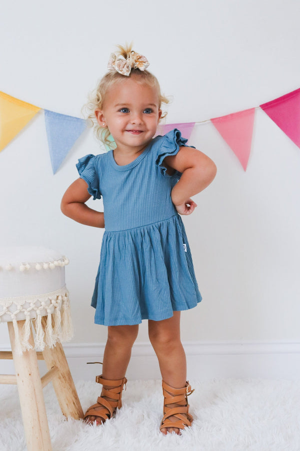 Dream Big Little Co FOGGY BLUE RIB DREAM CAP SLEEVE BODYSUIT DRESS