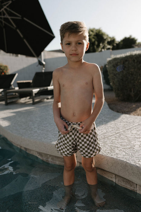 forever french baby Boys  Board Shorts | Wave Chaser Olive Checker