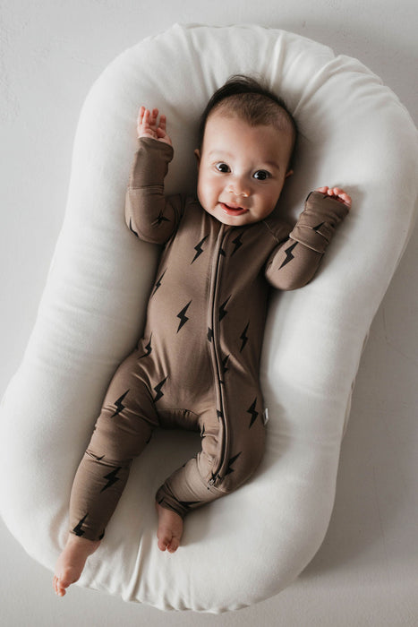 forever french baby Bamboo Zip Pajamas | Brown & Black Lightning Bolt