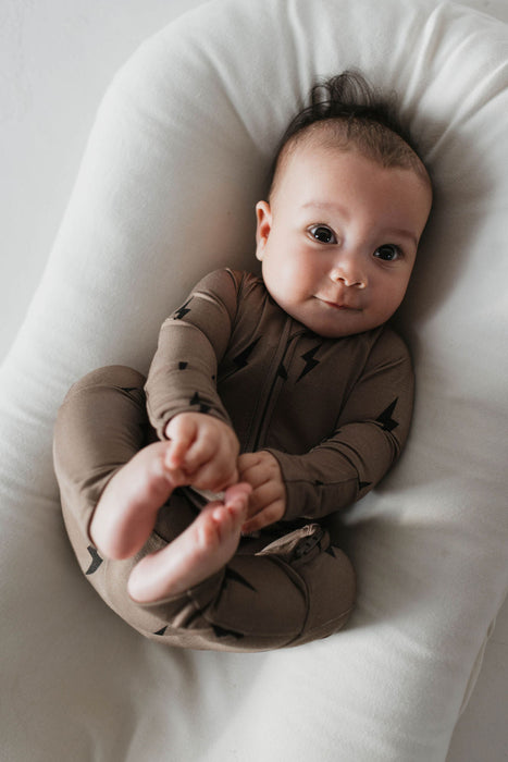 forever french baby Bamboo Zip Pajamas | Brown & Black Lightning Bolt