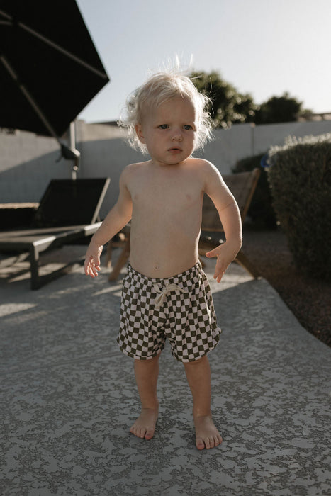 forever french baby Boys  Board Shorts | Wave Chaser Olive Checker