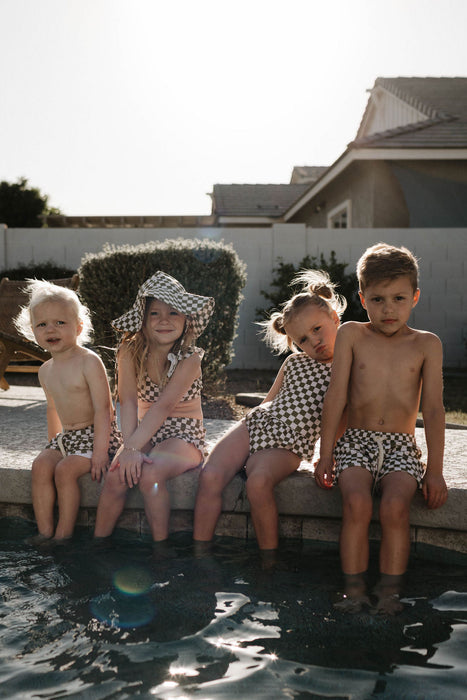 forever french baby Boys  Board Shorts | Wave Chaser Olive Checker