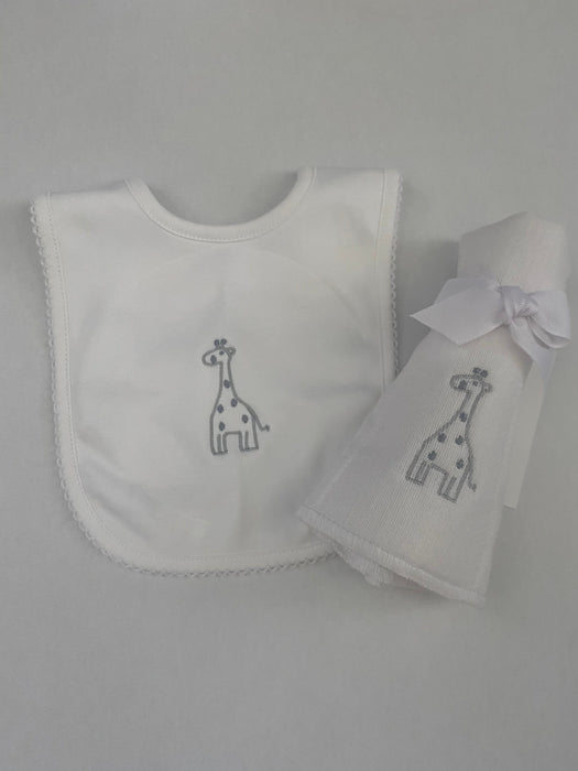 Cute as Buttons Gray Giraffe Pima Bib and Diaper Burp Cloth Set