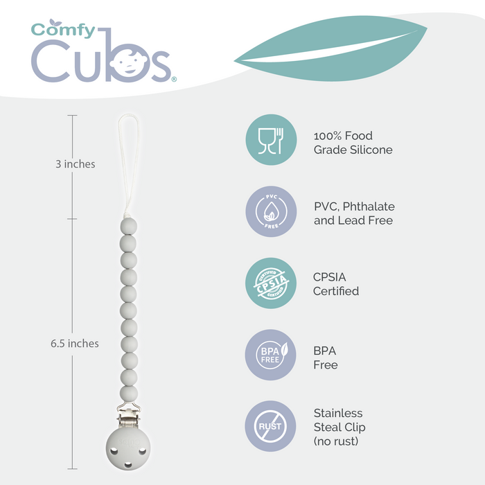 Comfy Cubs Pacifier Clips, 2 Pack - Grey