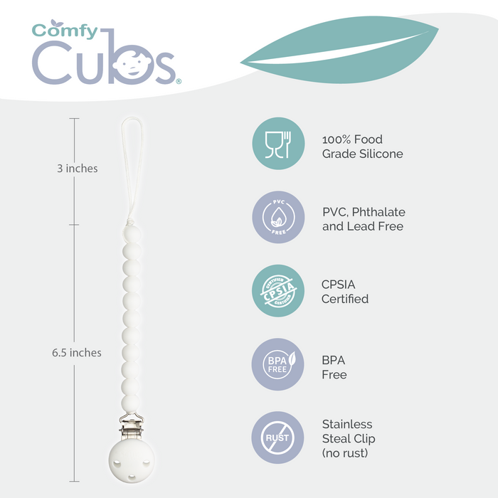 Comfy Cubs Pacifier Clips, 2 Pack - White