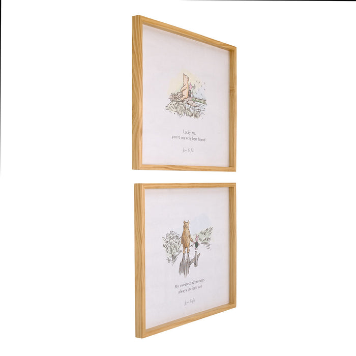 Classic Pooh "Lucky Me, You're My Very Best Friend" Natural Pine Wood Framed Art Canvas Wall Décor