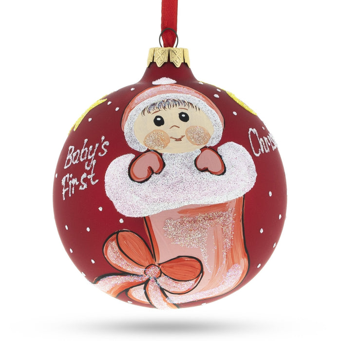 BestPysanky Charming Girl in Festive Christmas Stocking Blown Glass Ball Baby's First Christmas Ornament 4 Inches