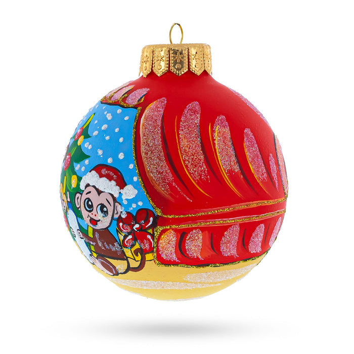 BestPysanky Monkey and Baby by Christmas Tree Artisan Blown Glass Ball Christmas Ornament 4 Inches