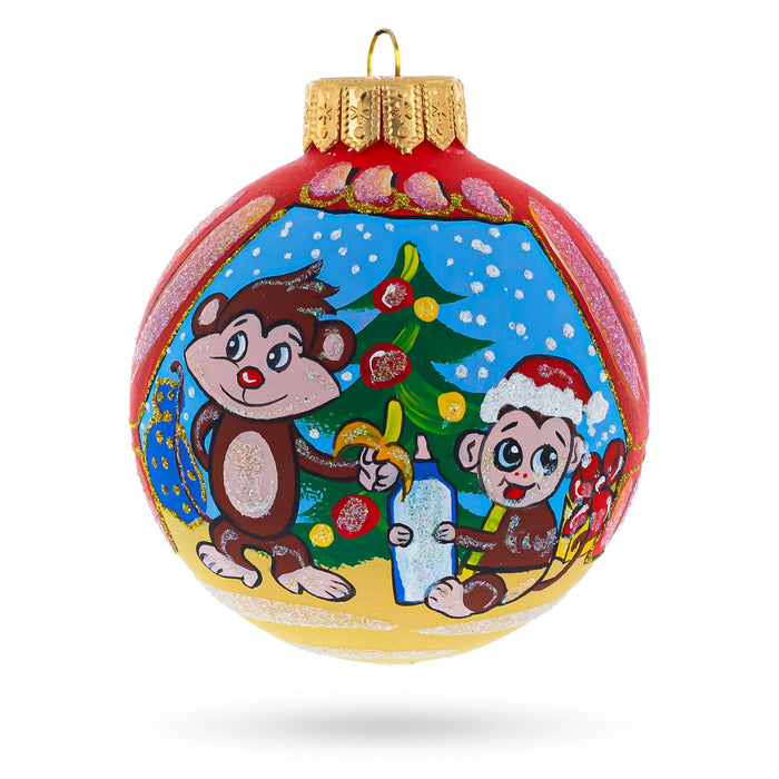 BestPysanky Monkey and Baby by Christmas Tree Artisan Blown Glass Ball Christmas Ornament 4 Inches