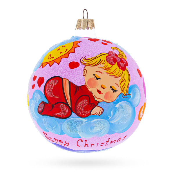 BestPysanky Angel-faced Girl Slumbering on Fluffy Clouds Blown Glass Ball Baby's First Christmas Ornament 4 Inches